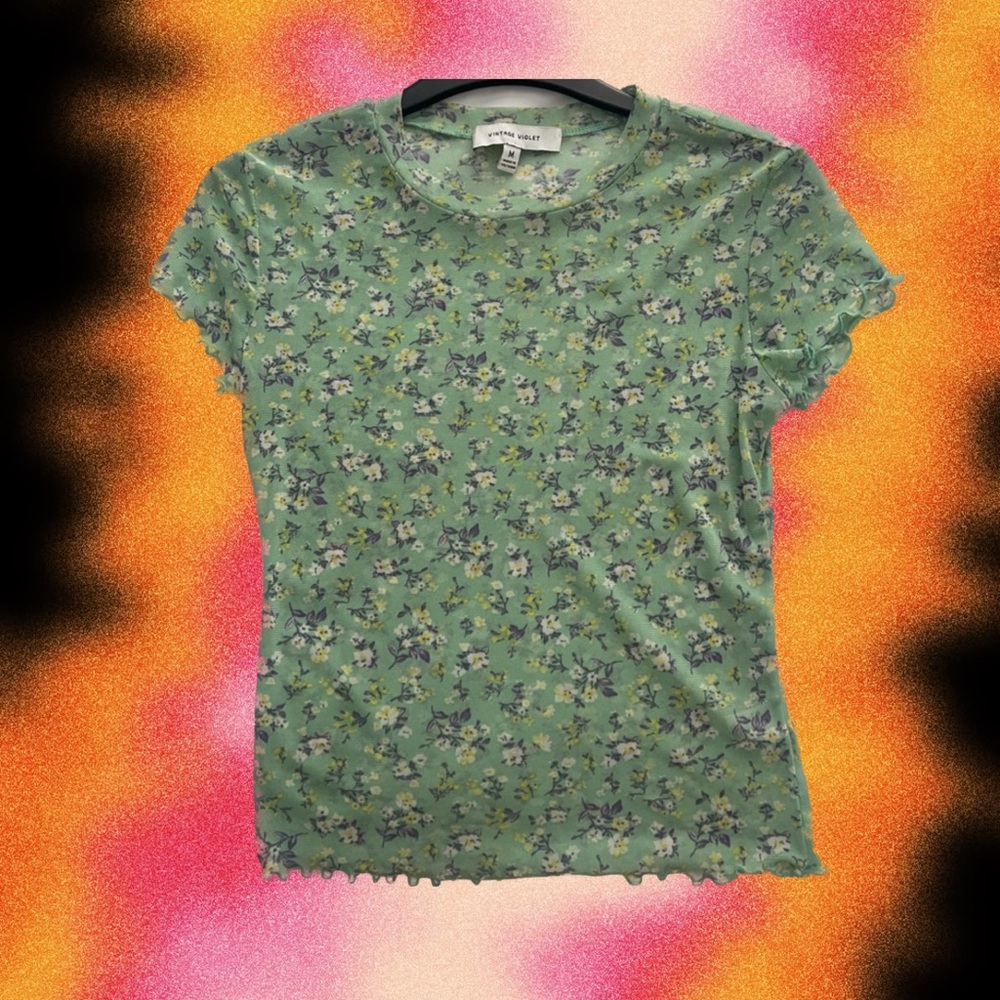 Floral Green Mesh Top